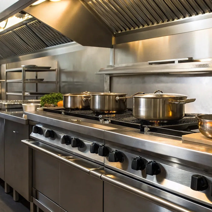 Restaurant kitchen with stainless steel equipment.
