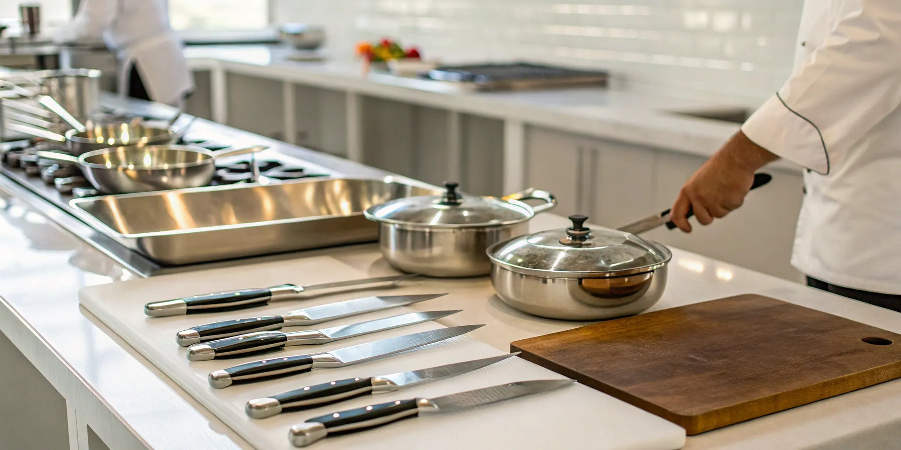 Essential restaurant kitchen supplies like cookware and knives organized on a stainless steel countertop.