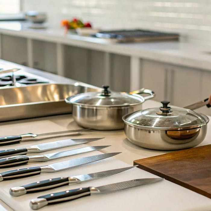 Essential restaurant kitchen supplies like cookware and knives organized on a stainless steel countertop.