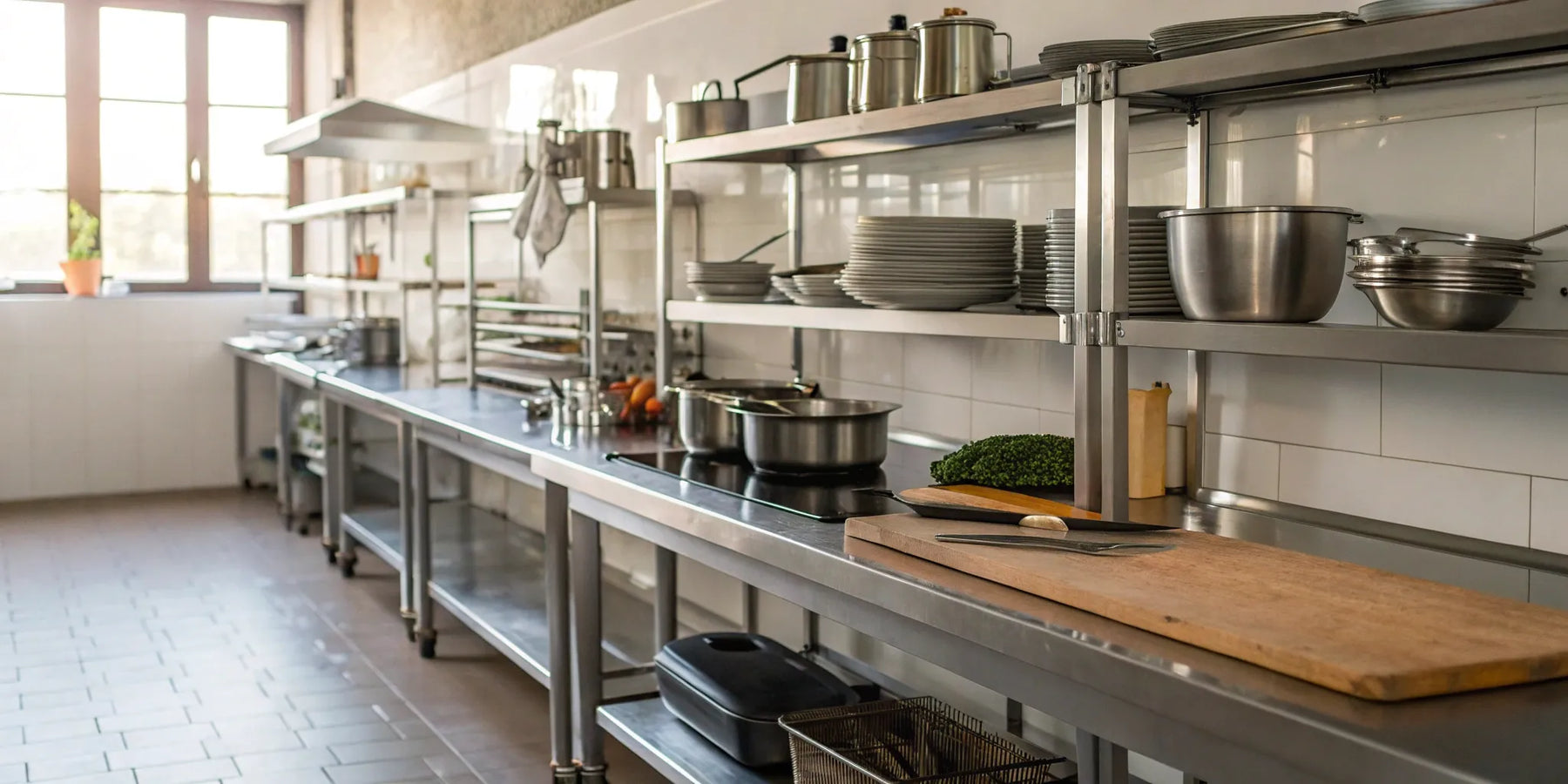 A complete set of restaurant kitchen supplies organized on shelves, ready for service.