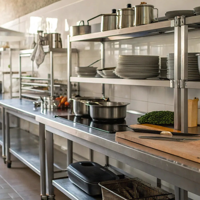 A complete set of restaurant kitchen supplies organized on shelves, ready for service.