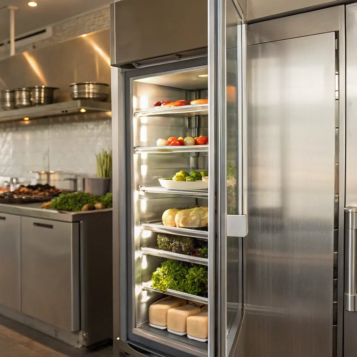 Restaurant refrigerator stocked with fresh ingredients.