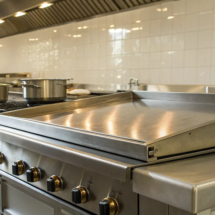 A commercial stainless gas griddle featuring multiple burners and a large cooking surface.