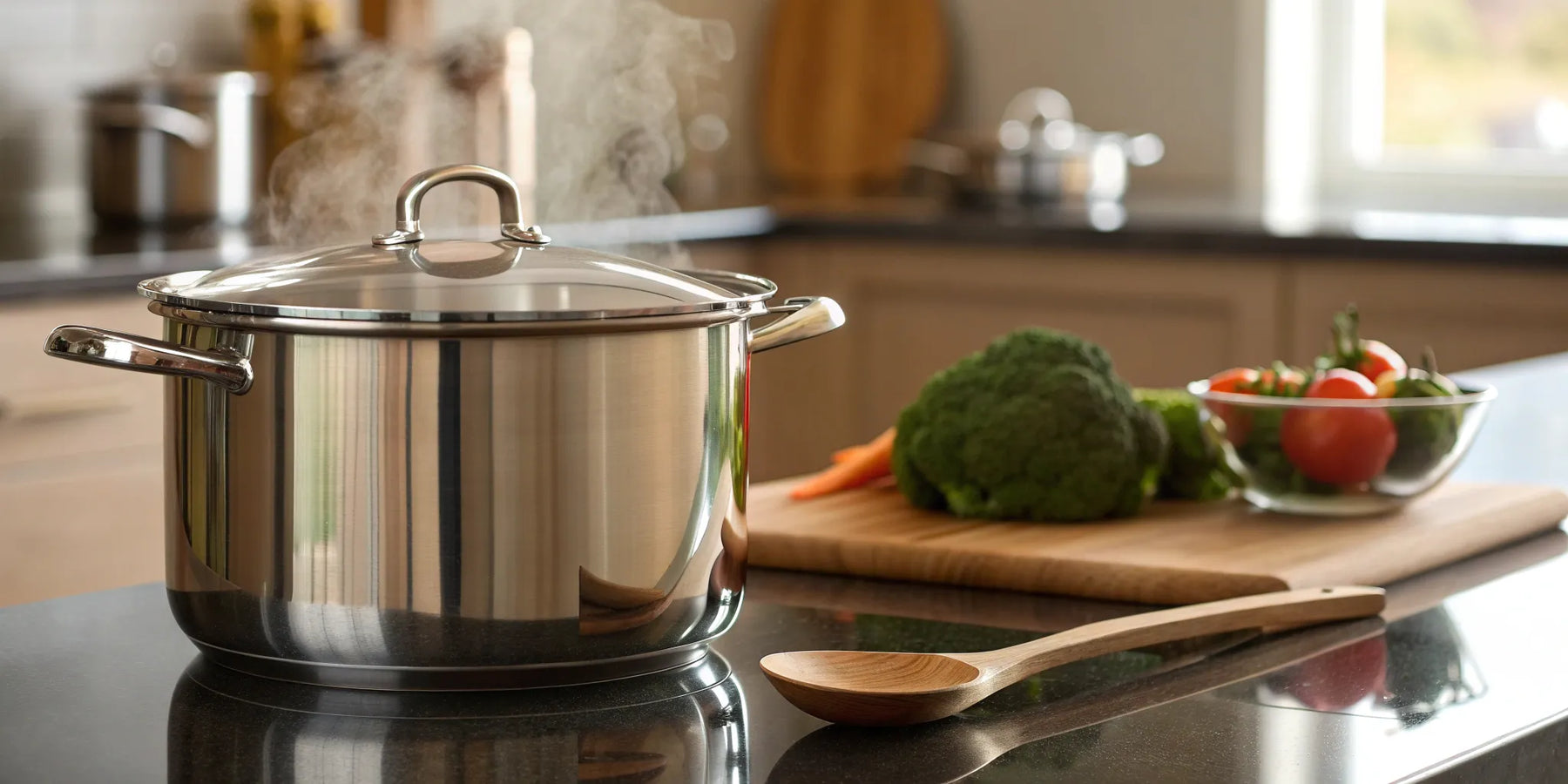 Stainless steel stock pot simmering on a stovetop.