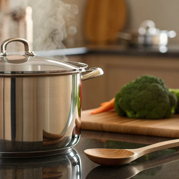 Stainless steel stock pot simmering on a stovetop.