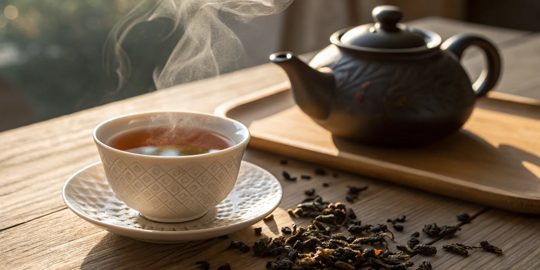 Ceramic teacup filled with steaming tea, teapot, and loose tea leaves on a wooden table.