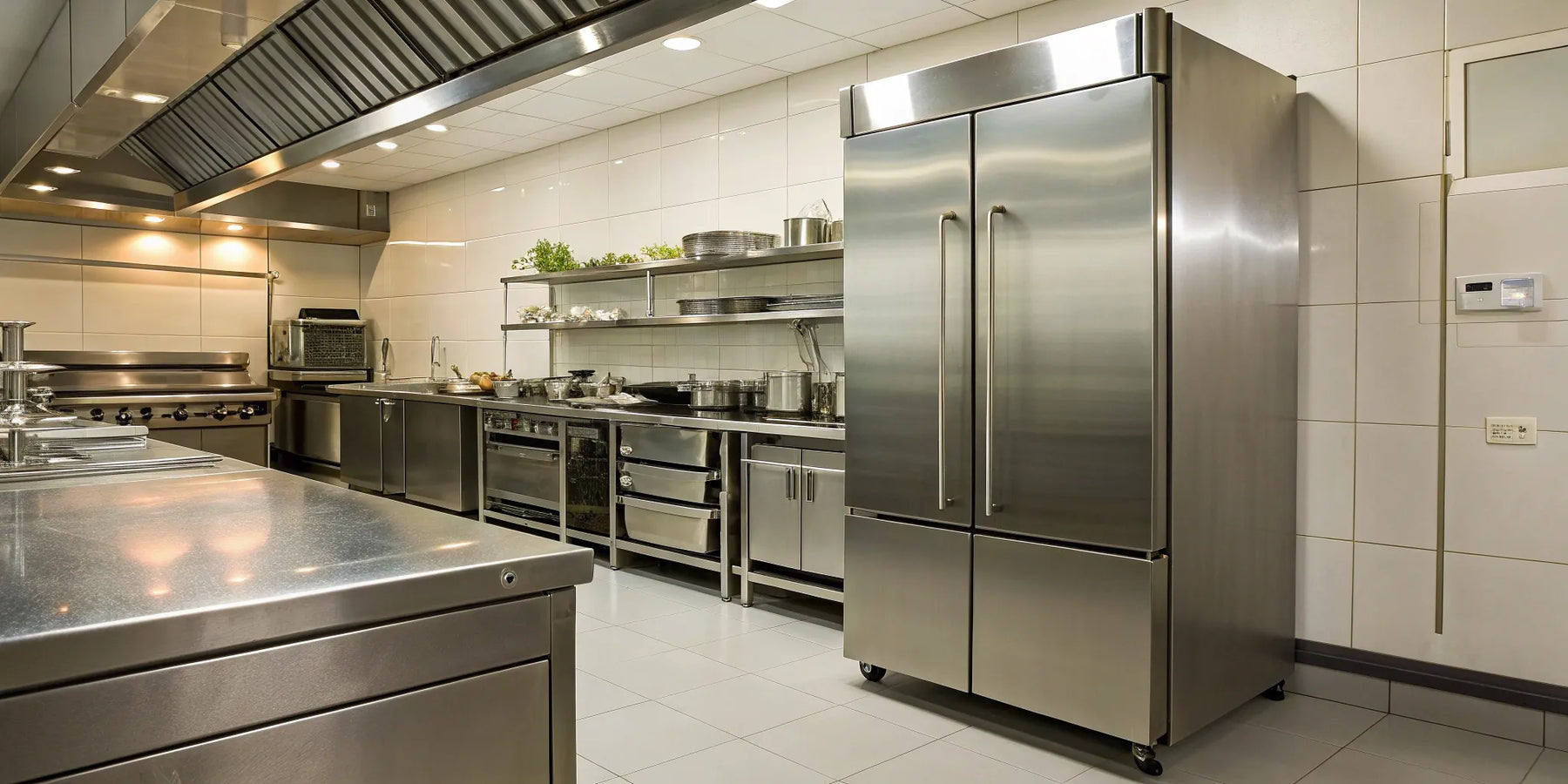 A stainless steel True commercial refrigerator in a professional kitchen.