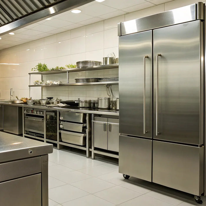 A stainless steel True commercial refrigerator in a professional kitchen.