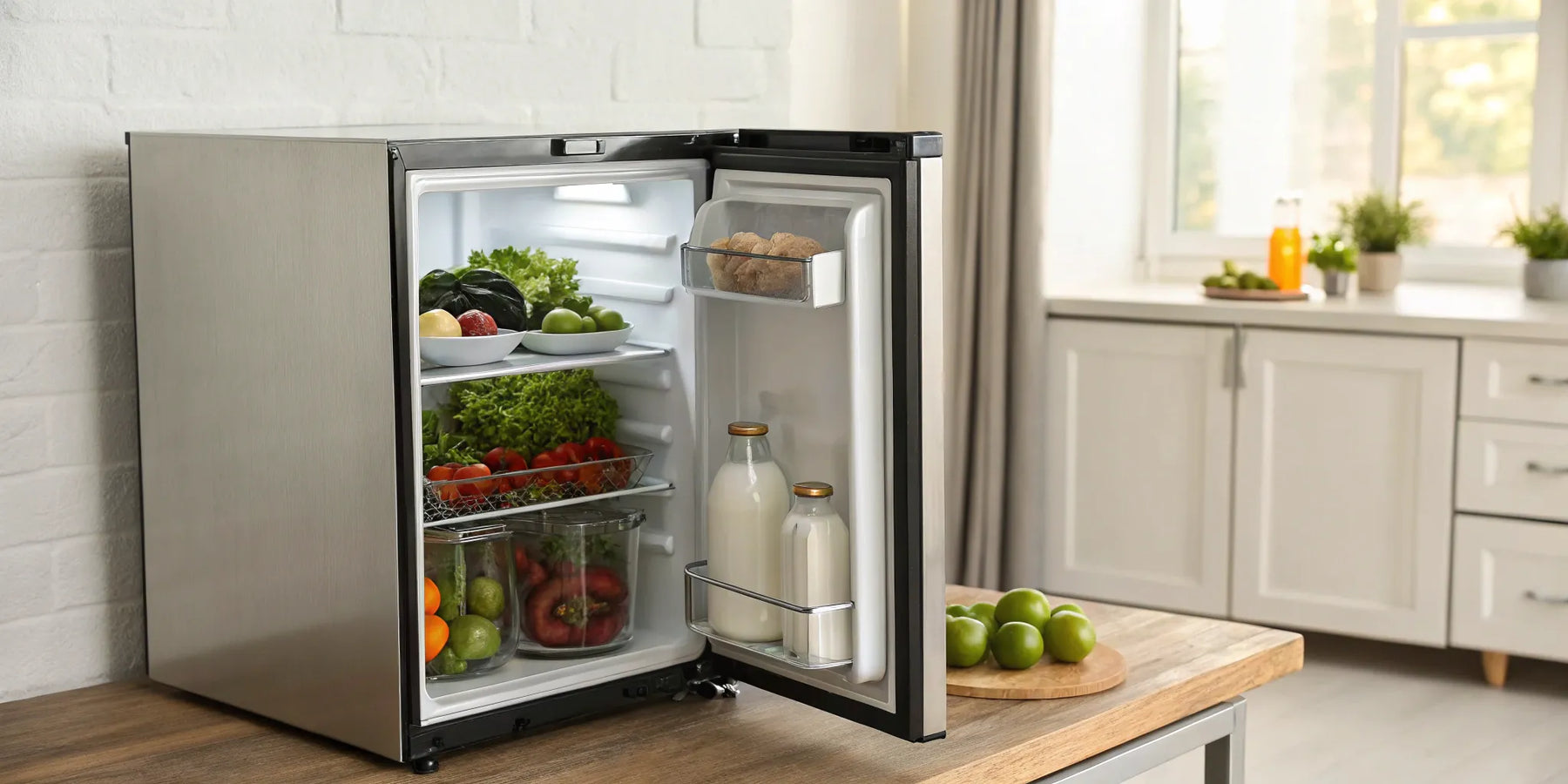 14-inch depth mini fridge stocked with drinks and produce.