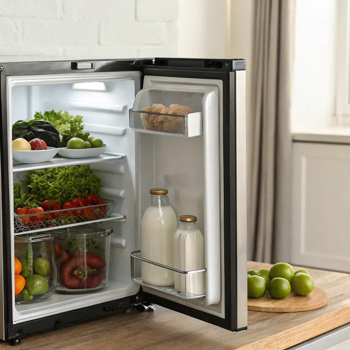 14-inch depth mini fridge stocked with drinks and produce.