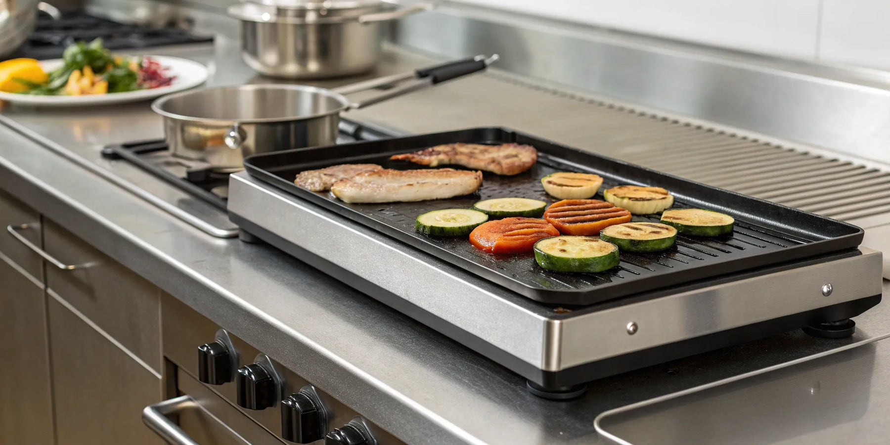 Electric griddle grilling meat and vegetables.