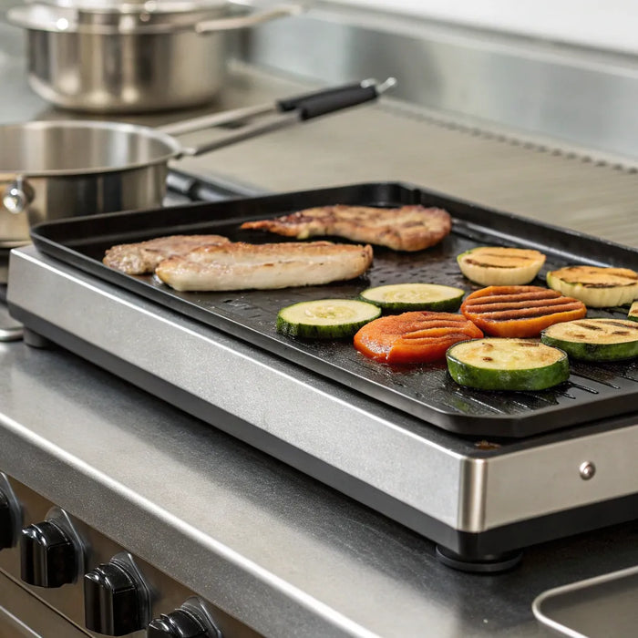 Electric griddle grilling meat and vegetables.