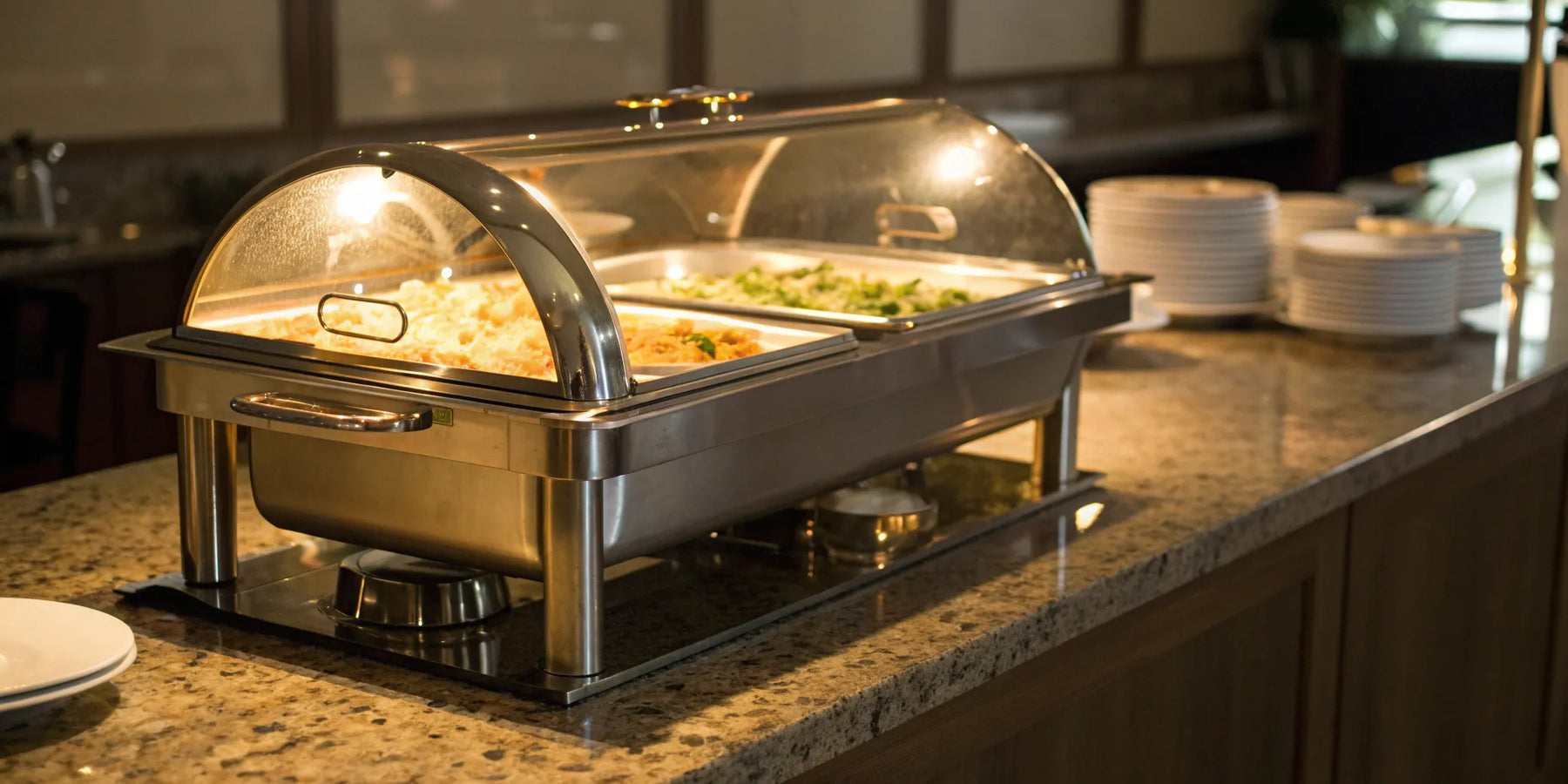 Catering food warmer with hot dishes.