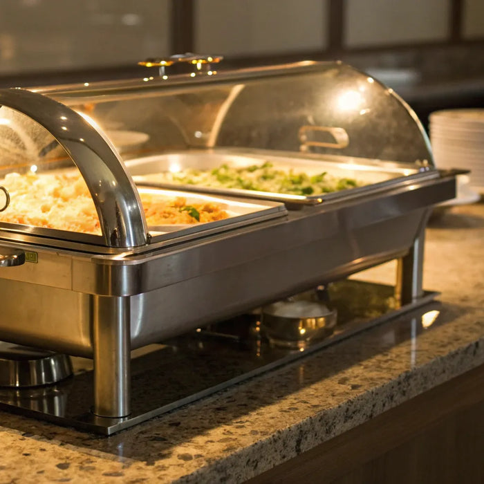 Catering food warmer with hot dishes.