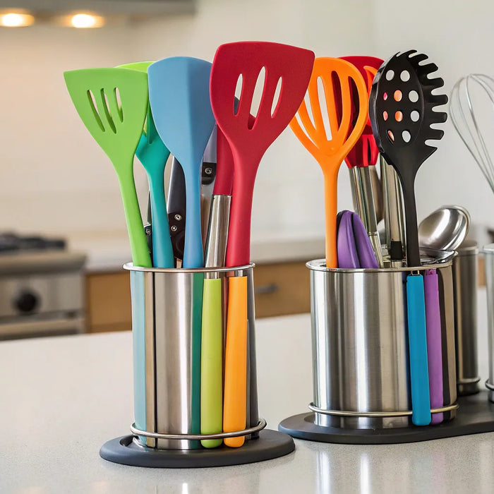 Kitchen utensils in countertop stands.