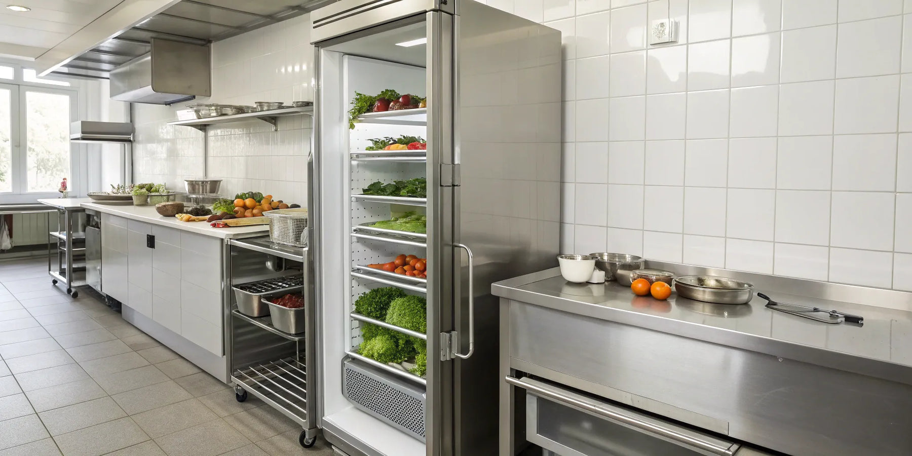 Stainless steel True freezer with organized shelves in a professional restaurant kitchen.