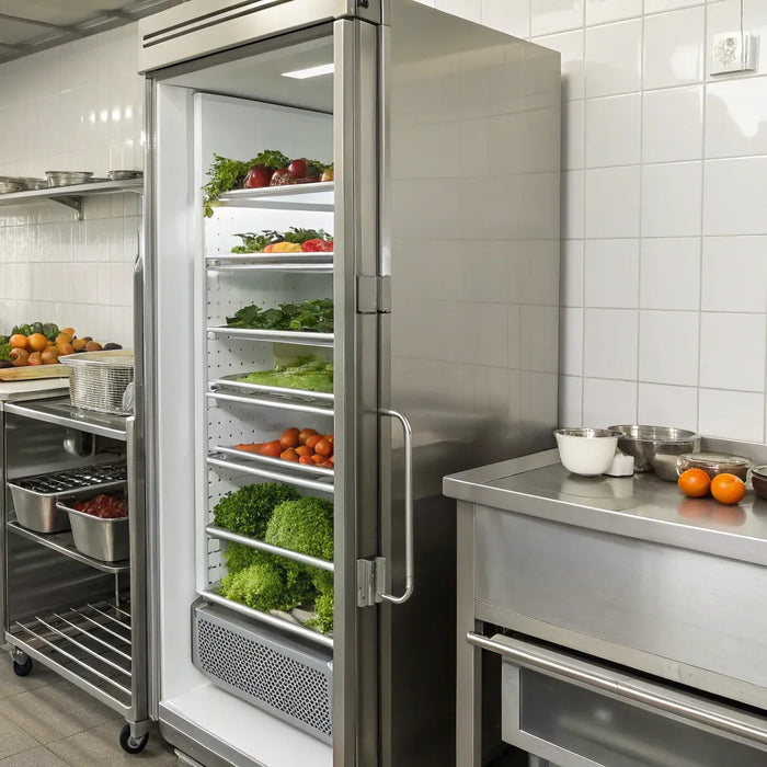 Stainless steel True freezer with organized shelves in a professional restaurant kitchen.