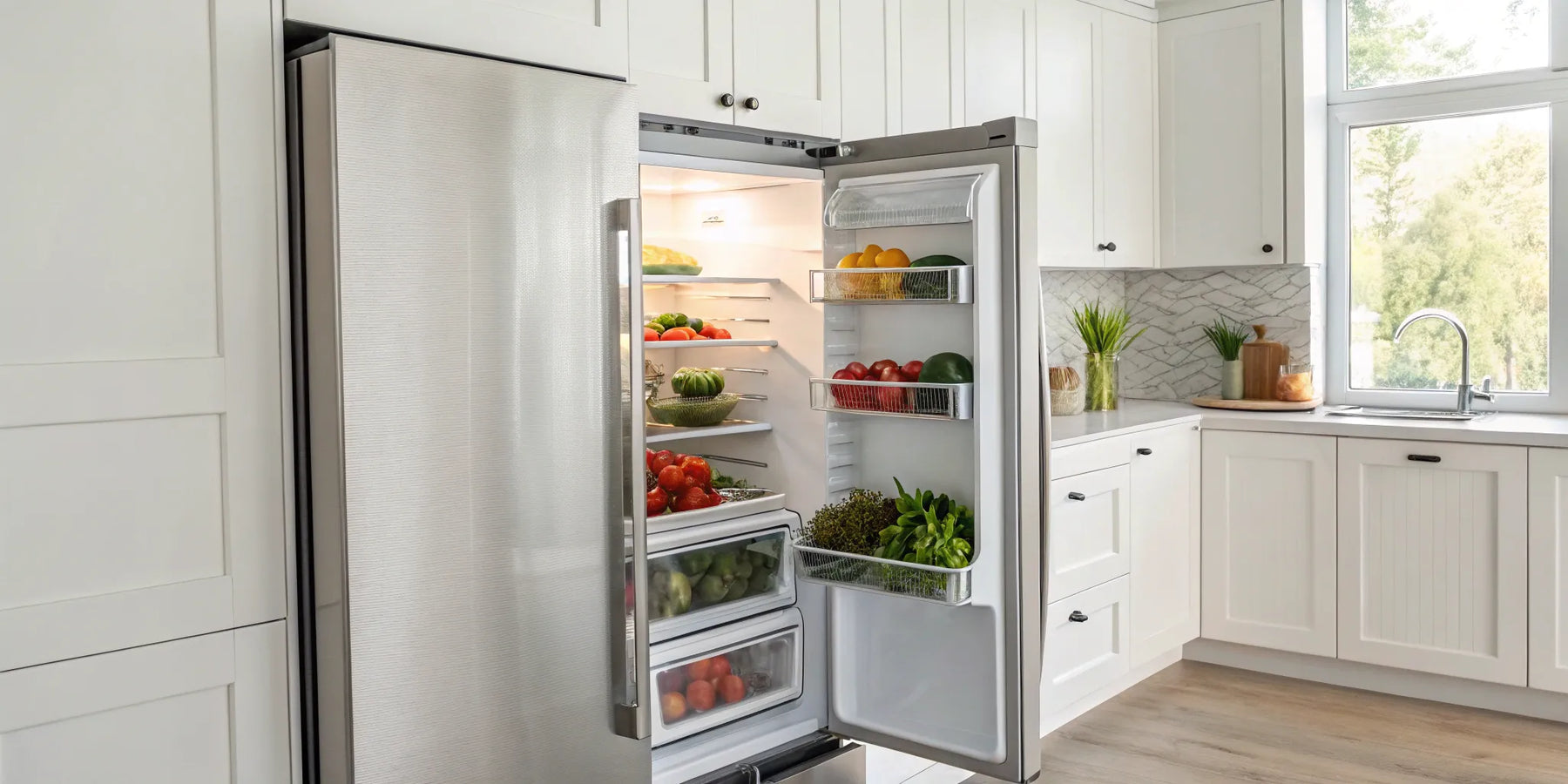 True GDM-12 stainless steel refrigerator stocked with fresh produce.