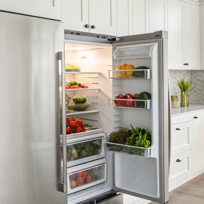 True GDM-12 stainless steel refrigerator stocked with fresh produce.