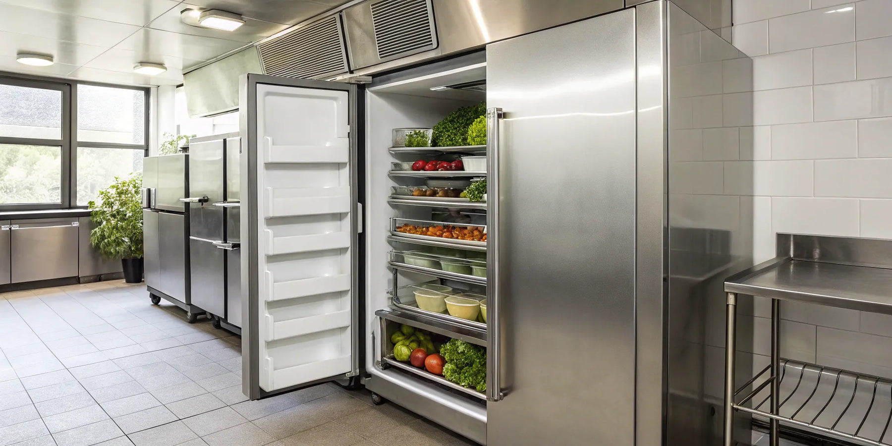 True GDM-47 refrigerator with organized shelves and LED lighting.