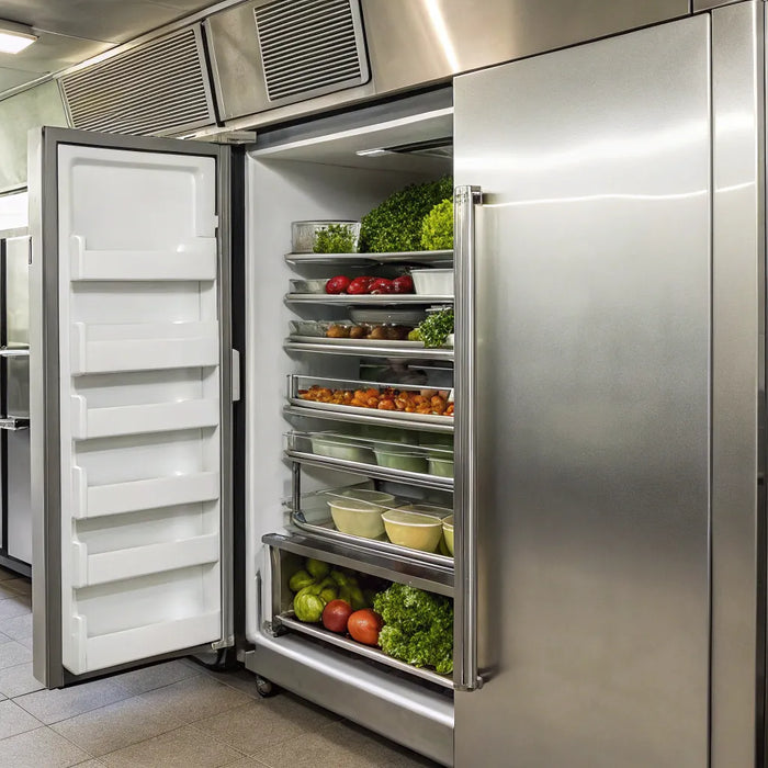 True GDM-47 refrigerator with organized shelves and LED lighting.