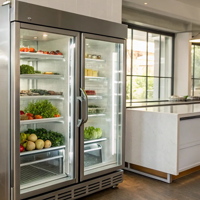 True GDM-72 commercial refrigerator with glass doors and LED lighting.