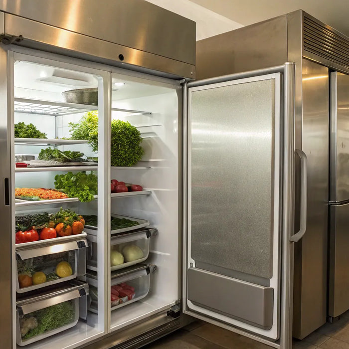 Open True refrigeration unit in a commercial kitchen displaying fresh, organized produce.