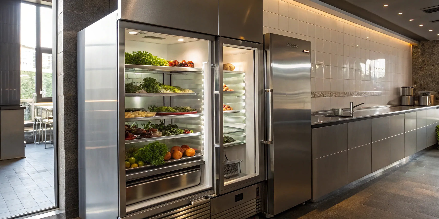 A True commercial refrigerator with open stainless steel doors, full of organized fresh produce.