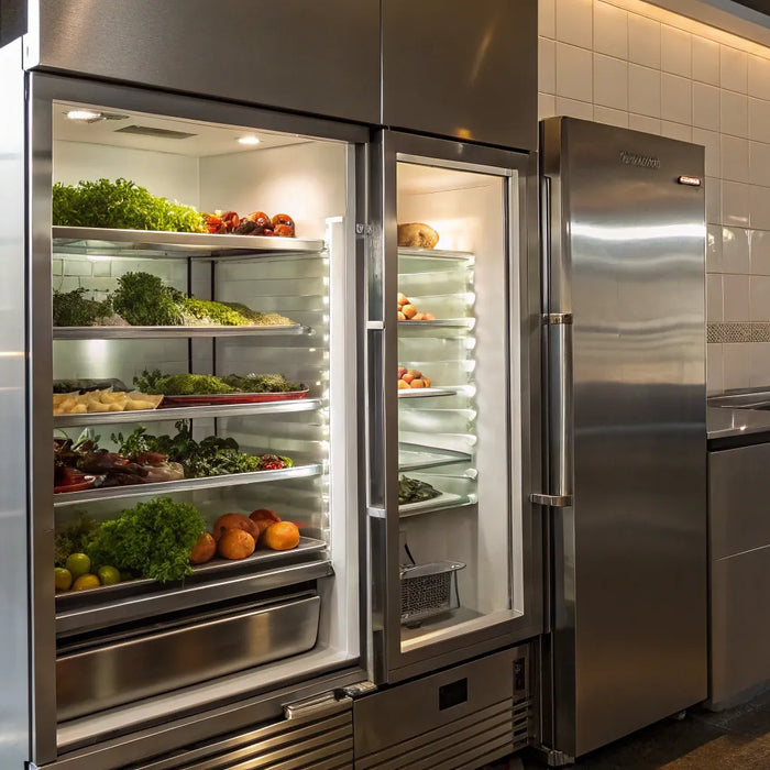 A True commercial refrigerator with open stainless steel doors, full of organized fresh produce.