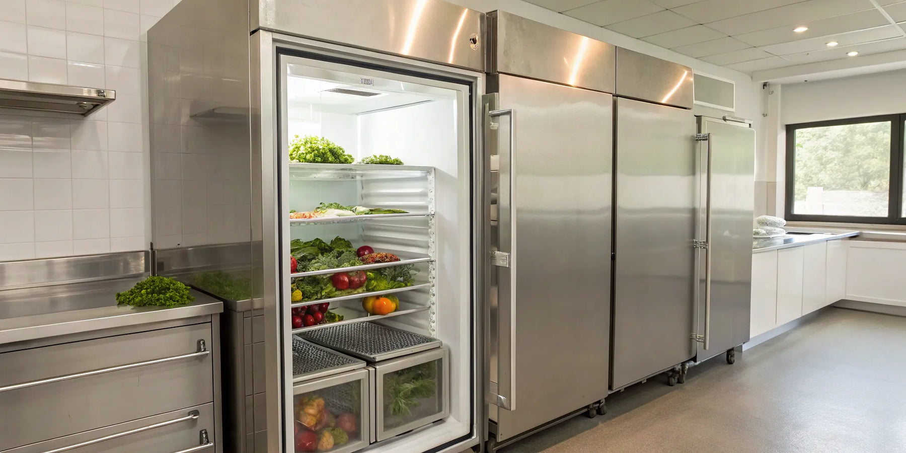 True T-49 refrigerator with open door displaying organized produce.