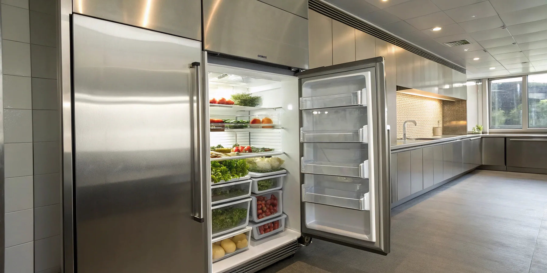 True T-49 stainless steel refrigerator with open door displaying organized food storage.