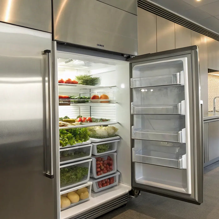 True T-49 stainless steel refrigerator with open door displaying organized food storage.
