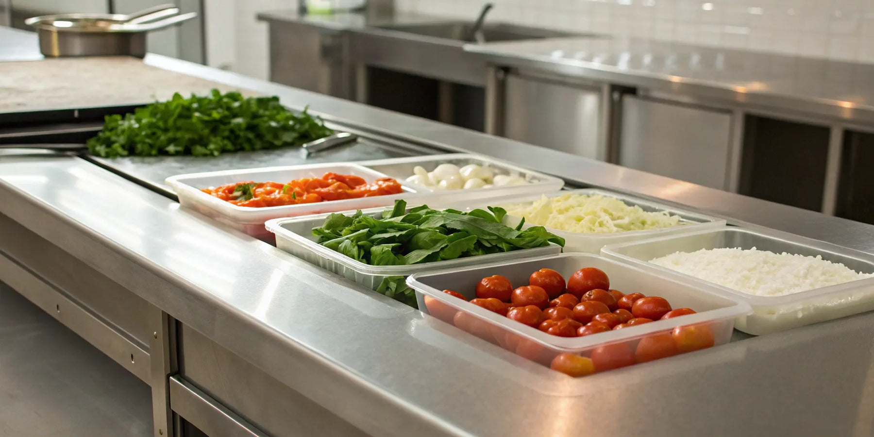 True TPP-67 pizza prep table with organized pizza toppings.