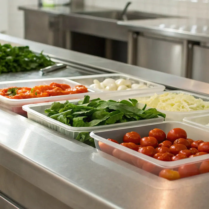 True TPP-67 pizza prep table with organized pizza toppings.