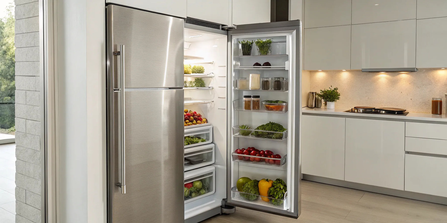 True TS-49 refrigerator with open door, displaying organized shelves and fresh produce.