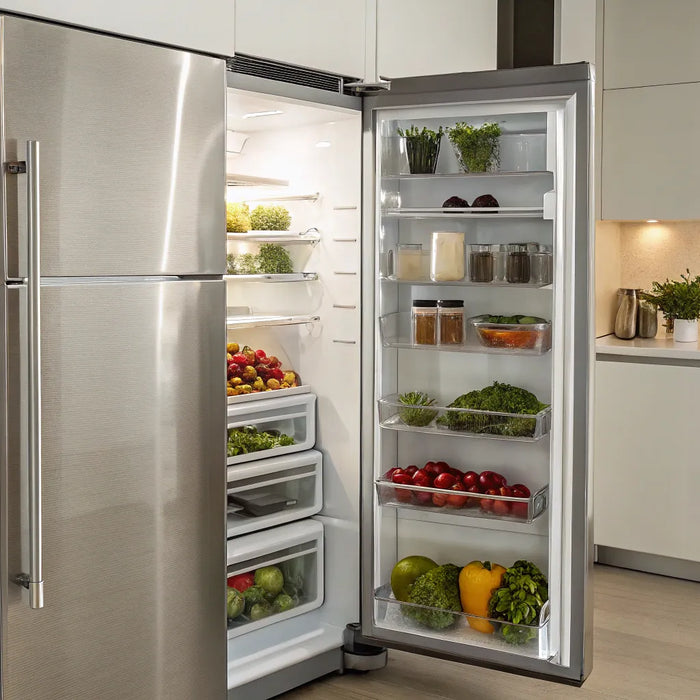 True TS-49 refrigerator with open door, displaying organized shelves and fresh produce.