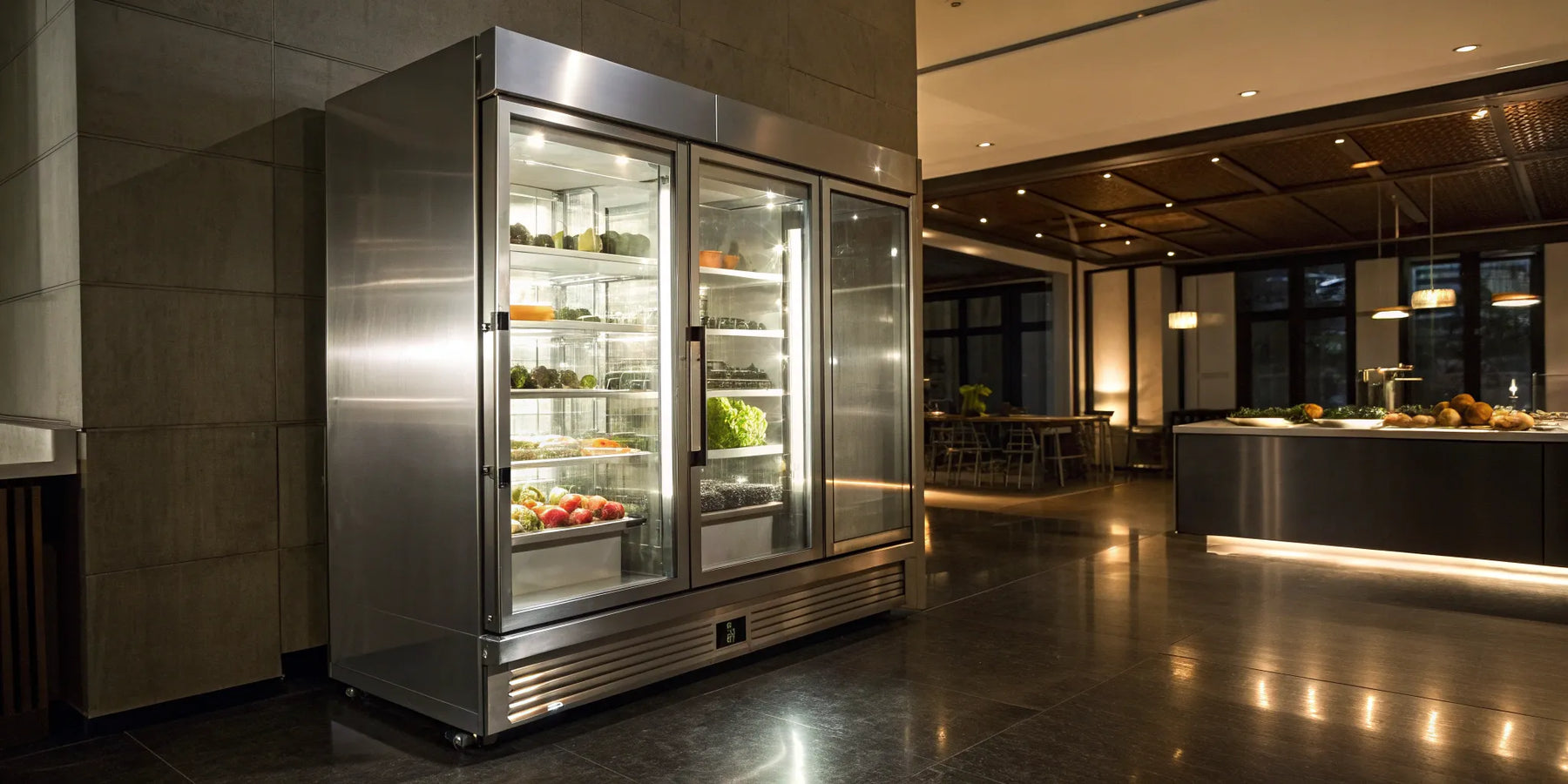 True TS-49 refrigerator with glass doors and interior LED lighting.
