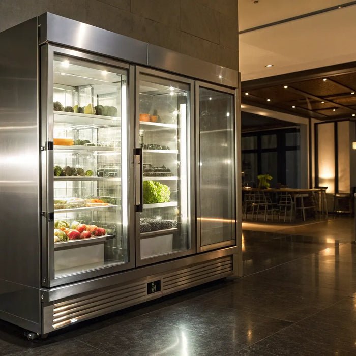 True TS-49 refrigerator with glass doors and interior LED lighting.