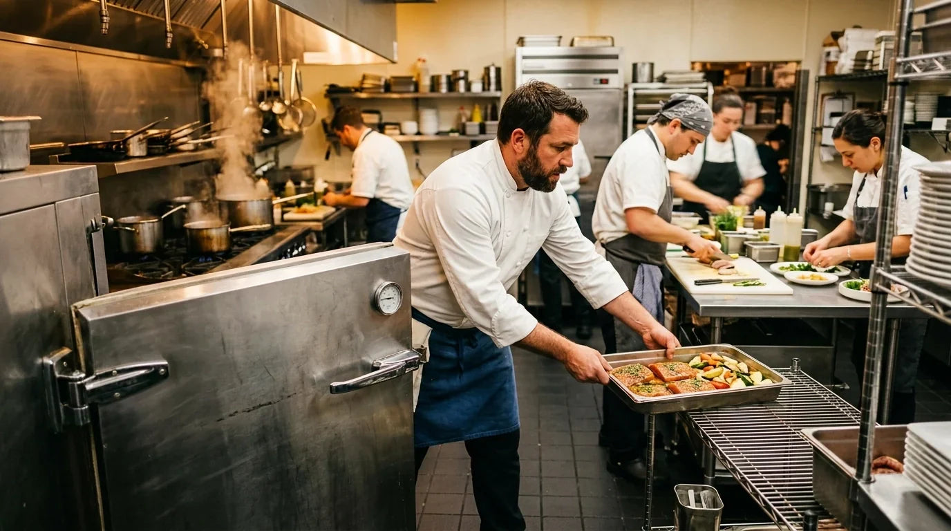 professional chef in a clean commercial kitchen opening a stainless steel freezer during a busy service rush.