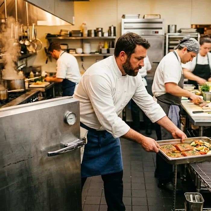 professional chef in a clean commercial kitchen opening a stainless steel freezer during a busy service rush.