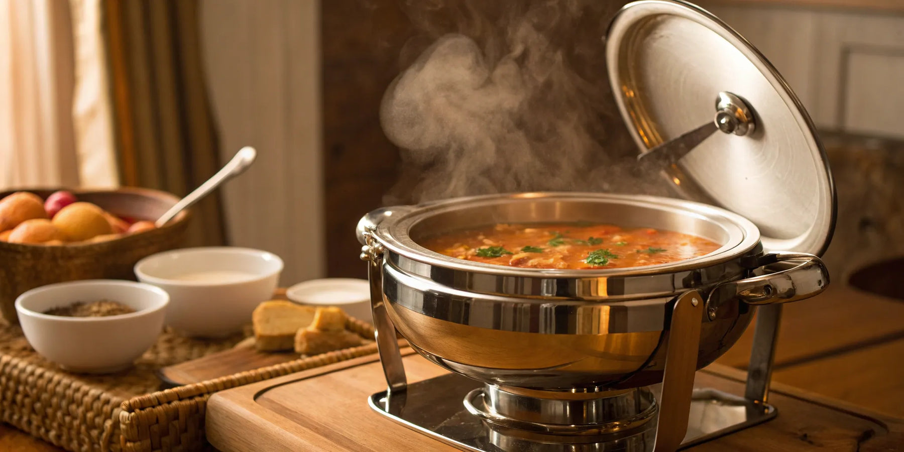 Commercial soup warmer heating a kettle of soup.