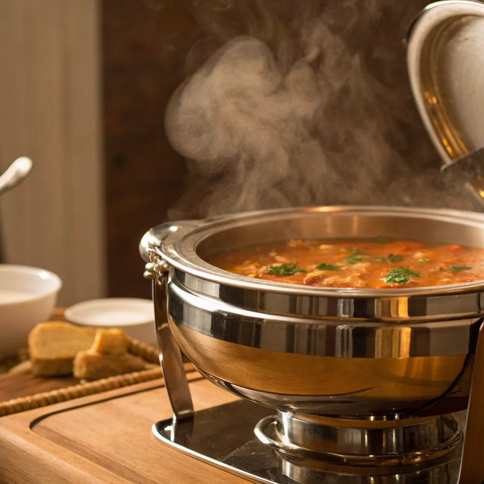 Commercial soup warmer heating a kettle of soup.