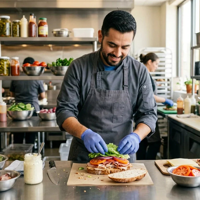 A professional chef in a clean, modern commercial deli kitchen, assembling a fresh sandwich on a stainless steel prep table
