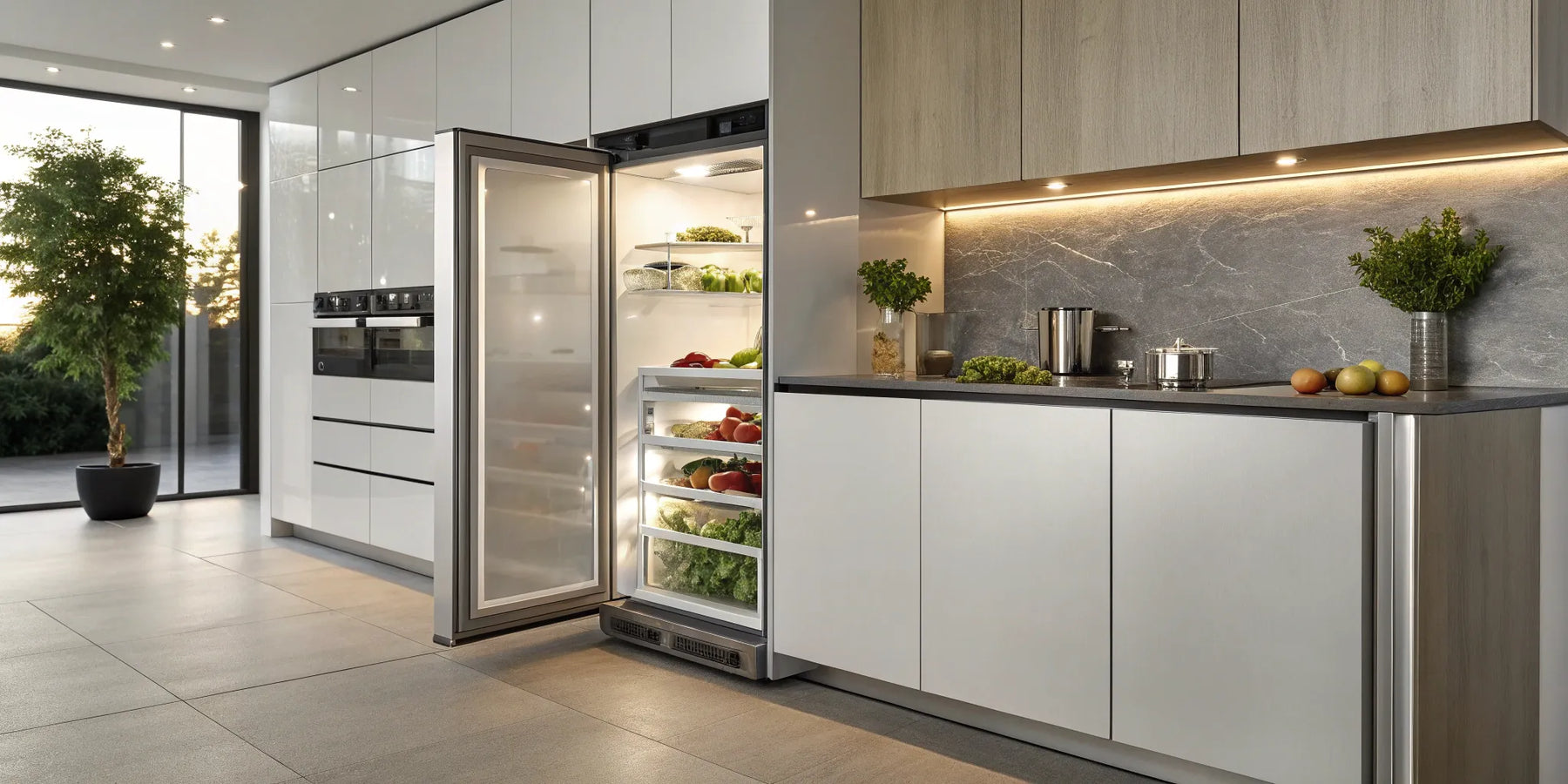 Under cabinet refrigerator with its door open, showing organized produce in a modern kitchen.