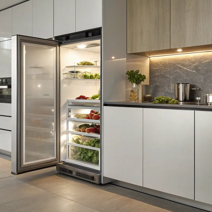Under cabinet refrigerator with its door open, showing organized produce in a modern kitchen.