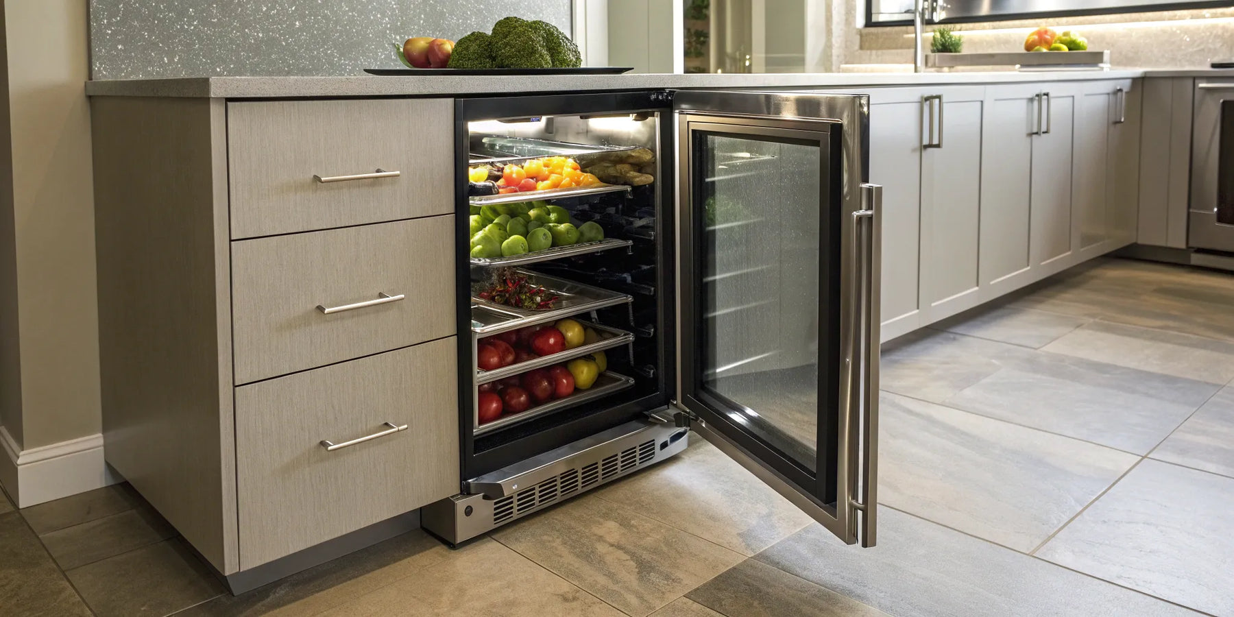 Under-counter cooler with a glass door keeps produce fresh and accessible in a modern kitchen.