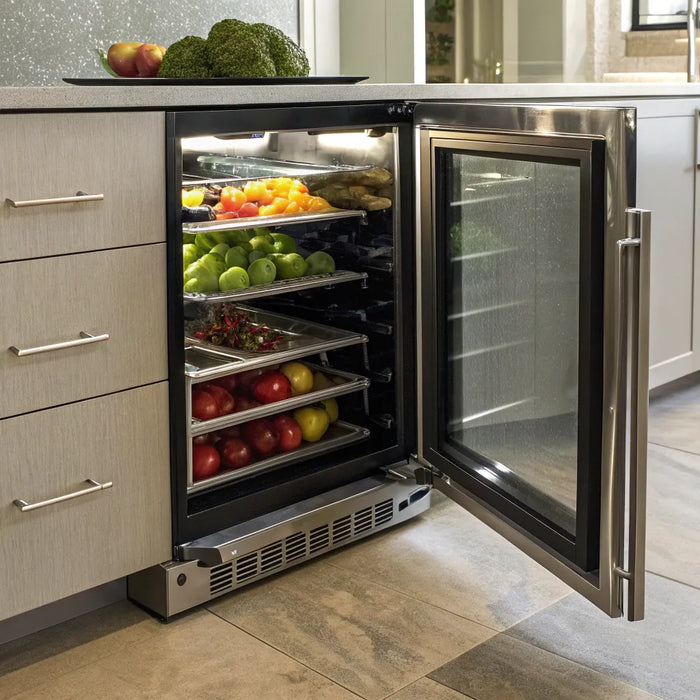 Under-counter cooler with a glass door keeps produce fresh and accessible in a modern kitchen.