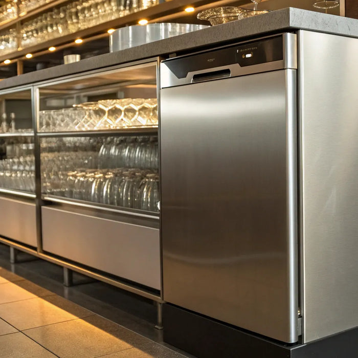 Undercounter dishwasher with stainless steel finish.