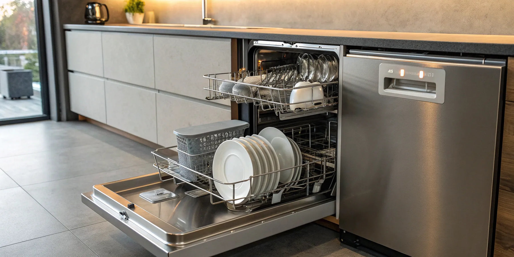 An undercounter commercial dishwasher with a rack of clean dishes in a commercial kitchen.