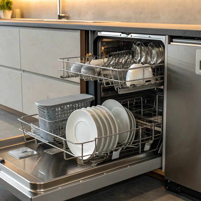 An undercounter commercial dishwasher with a rack of clean dishes in a commercial kitchen.